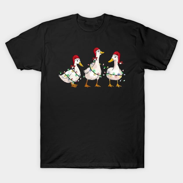 Duck Santa Hat Christmas Lights Silly Goose Xmas T-Shirt by Derrick Ly